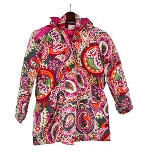 Hanna Andersson girl's hooded quilted puffer jacket pink & orange paisley sz 140